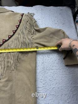 Vintage Men's Leather Suede Fringe Western Jacket Navajo Beaded 90s Sz L NWOT