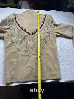 Vintage Men's Leather Suede Fringe Western Jacket Navajo Beaded 90s Sz L NWOT