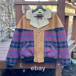 Vintage Mens Aztec Wool Leather Sherpa Lined Western Jacket L Mid West Garment