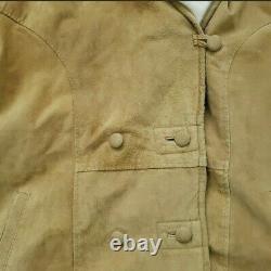 Vintage Military Leather Suede Fur Shearling Coat Hooded Womens L Beige Root 70s
