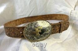 Vintage Montana Silversmiths buckle initial F with hand tooled leather belt 38