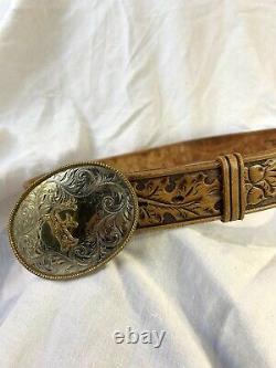 Vintage Montana Silversmiths buckle initial F with hand tooled leather belt 38