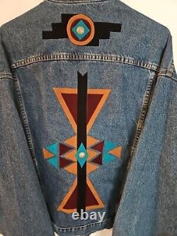 Vintage Moxie Southwest Lily & Wolf Schlien Art Santa Fe Aztec Denim Jacket XXL