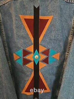 Vintage Moxie Southwest Lily & Wolf Schlien Art Santa Fe Aztec Denim Jacket XXL