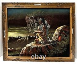 Vintage Native American Indian Bison Painting on Velvet in Frame Mexico Unsigned