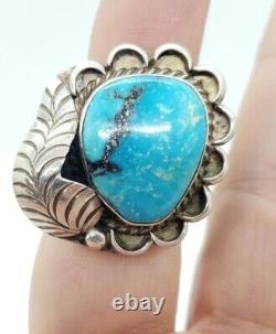 Vintage Navajo Sterling Silver & Large Chunky Turquoise Ring Hand Signed sz 7+