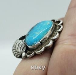 Vintage Navajo Sterling Silver & Large Chunky Turquoise Ring Hand Signed sz 7+
