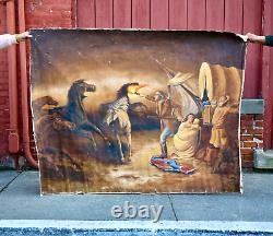 Vintage Oil Painting on Canvas Western Artwork Horses Circus Banner Signed old