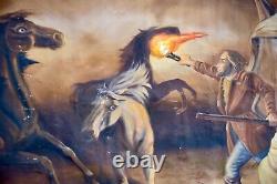 Vintage Oil Painting on Canvas Western Artwork Horses Circus Banner Signed old