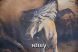 Vintage Oil Painting on Canvas Western Artwork Horses Circus Banner Signed old