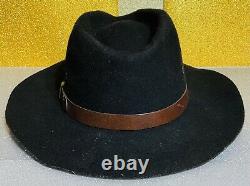 Vintage Original Black Cowboy Hat Brown Strap Original Tag 100% Wool Felt Large