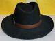 Vintage Original Black Cowboy Hat Brown Strap Original Tag 100% Wool Felt Large