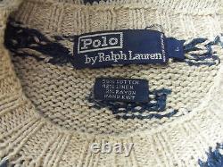 Vintage POLO Ralph Lauren Oatmeal Blue Cotton Western Beacon Blanket Sweater L