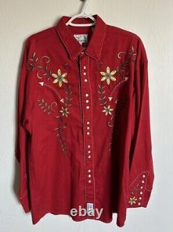 Vintage Panhandle Slim Embroidered Red Western Shirt Pearl Buttons Size Large