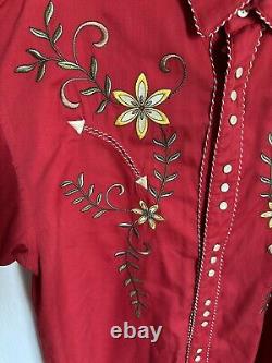 Vintage Panhandle Slim Embroidered Red Western Shirt Pearl Buttons Size Large