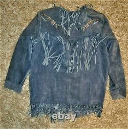 Vintage Patricia Wolf Blue Suede Jacket hand-Painted Horses Fringe Large Texas