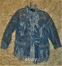 Vintage Patricia Wolf Blue Suede Jacket hand-Painted Horses Fringe Large Texas