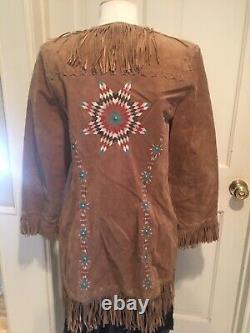 Vintage Patricia wolfe tan suede fringe jacket size large made in Texas Rodeo