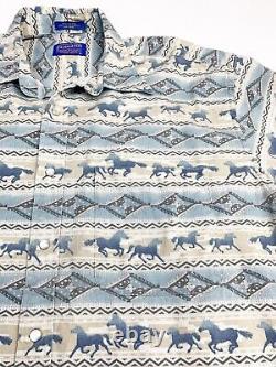 Vintage Pendleton Shirt Large Pearl Snaps Horses Western Blue Tan Stripe