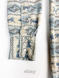 Vintage Pendleton Shirt Large Pearl Snaps Horses Western Blue Tan Stripe