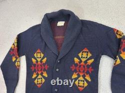 Vintage Pendleton Sweater Mens Large Navy Wool Shawl Collar Western Pattern 70s