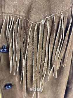 Vintage Pioneer Wear 12 Brown Western Cowhide Suede Leather Fringe Cowboy Jacket