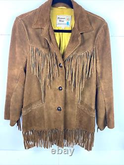 Vintage Pioneer Wear 12 Brown Western Cowhide Suede Leather Fringe Cowboy Jacket