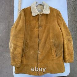 Vintage Pioneer Wear Shearling Suede Ranch Coat 70s Western Sherpa Jacket 44