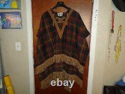 Vintage Rio Grande Boho Leather Fringe Shawl Suede Wool Poncho Cape Coat