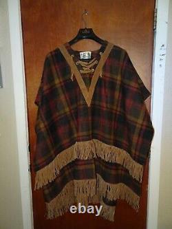 Vintage Rio Grande Boho Leather Fringe Shawl Suede Wool Poncho Cape Coat