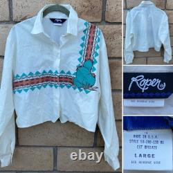 Vintage Roper Western Southwestern Cactus Cropped Cowgirl Shirt 80s 90s Size L
