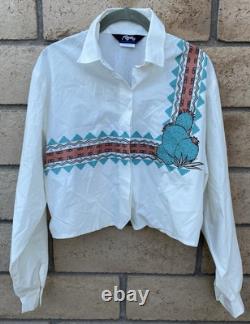 Vintage Roper Western Southwestern Cactus Cropped Cowgirl Shirt 80s 90s Size L