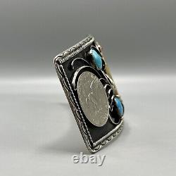 Vintage Royal Flush Large Turquoise Coral Silver Dollar German Silver Buckle USA