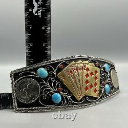 Vintage Royal Flush Large Turquoise Coral Silver Dollar German Silver Buckle USA