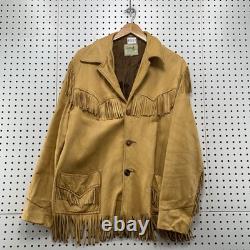 Vintage Sage Fashions Leather Fringe Jacket Mens Large Tan 70s Western Button Up