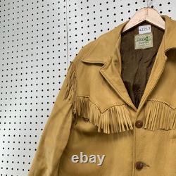 Vintage Sage Fashions Leather Fringe Jacket Mens Large Tan 70s Western Button Up
