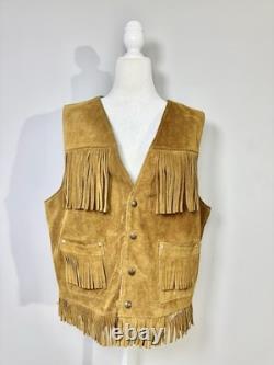 Vintage Schott Suede Fringe Western Vest L Made In USA Cowboy Biker Rancher