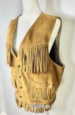 Vintage Schott Suede Fringe Western Vest L Made In USA Cowboy Biker Rancher