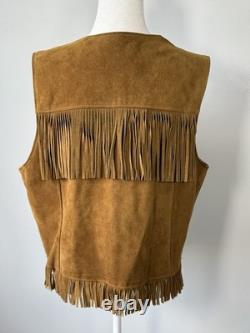 Vintage Schott Suede Fringe Western Vest L Made In USA Cowboy Biker Rancher