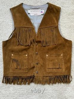 Vintage Schott Suede Fringe Western Vest L Made In USA Cowboy Biker Rancher