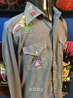 Vintage Sears Denim Work Shirt Button Up Mushroom Flower Power Hippie Sun