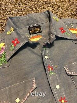 Vintage Sears Denim Work Shirt Button Up Mushroom Flower Power Hippie Sun