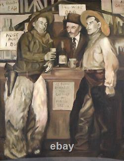 Vintage Sepia Tone Oil Painting Cowboys Drinking Bonnie Zak Chicago artist