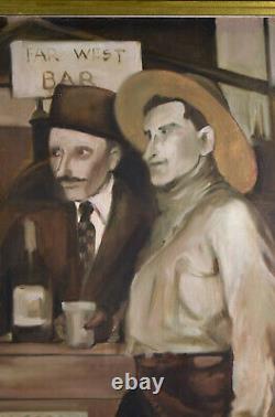 Vintage Sepia Tone Oil Painting Cowboys Drinking Bonnie Zak Chicago artist