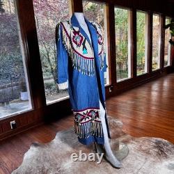 Vintage Southwestern Native Denim Trench Coat Beaded Fringe Festival Size L/XL