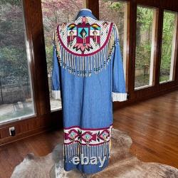 Vintage Southwestern Native Denim Trench Coat Beaded Fringe Festival Size L/XL