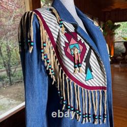 Vintage Southwestern Native Denim Trench Coat Beaded Fringe Festival Size L/XL