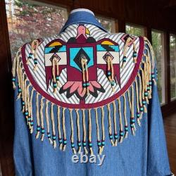 Vintage Southwestern Native Denim Trench Coat Beaded Fringe Festival Size L/XL