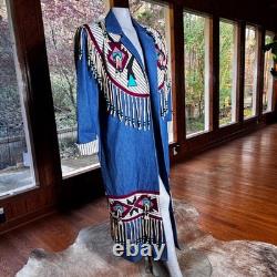 Vintage Southwestern Native Denim Trench Coat Beaded Fringe Festival Size L/XL