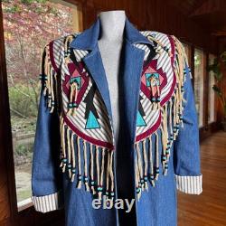 Vintage Southwestern Native Denim Trench Coat Beaded Fringe Festival Size L/XL